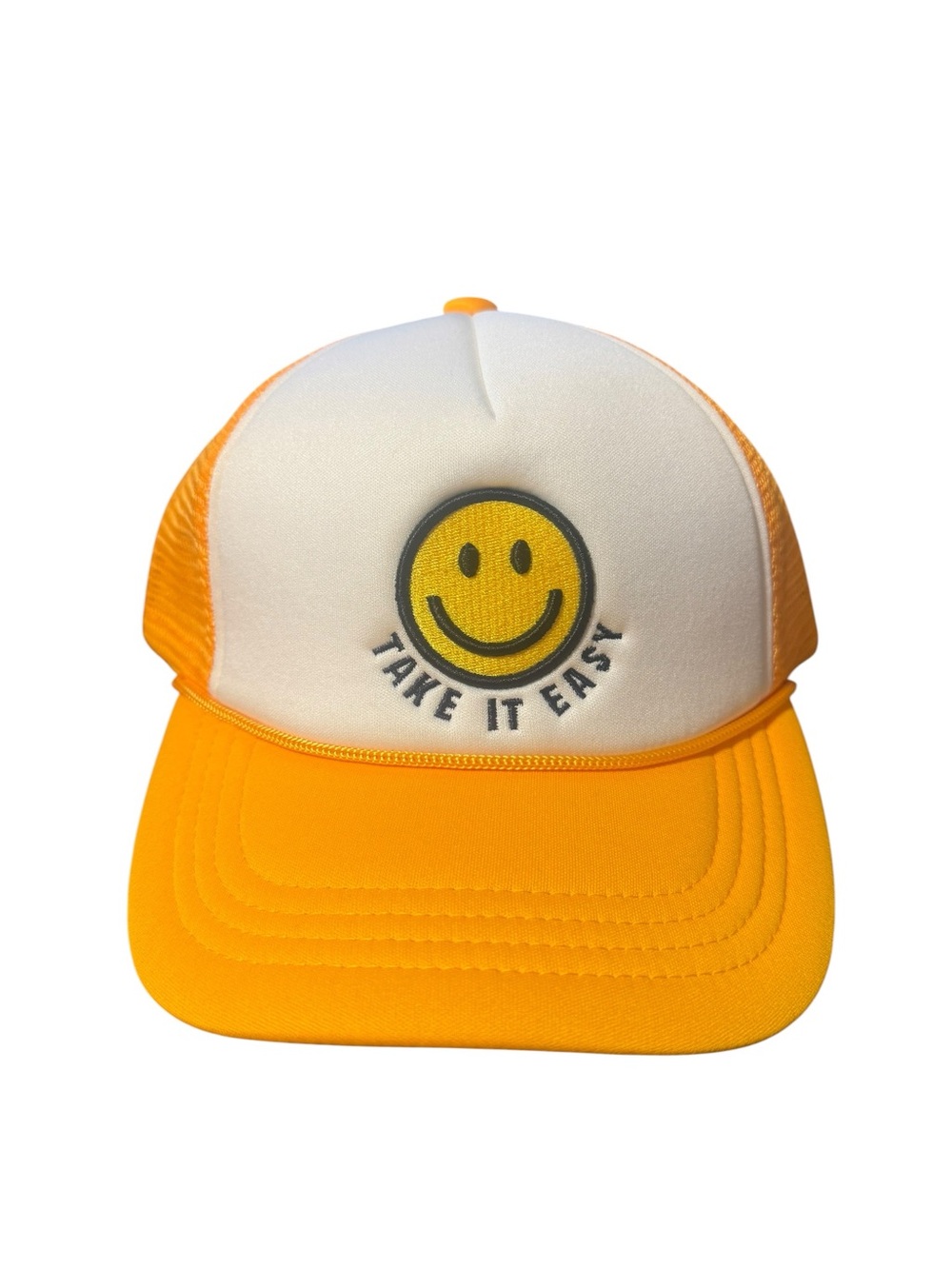 CC Beanie Yellow & White 'Take It Easy' Smiley Trucker Hat